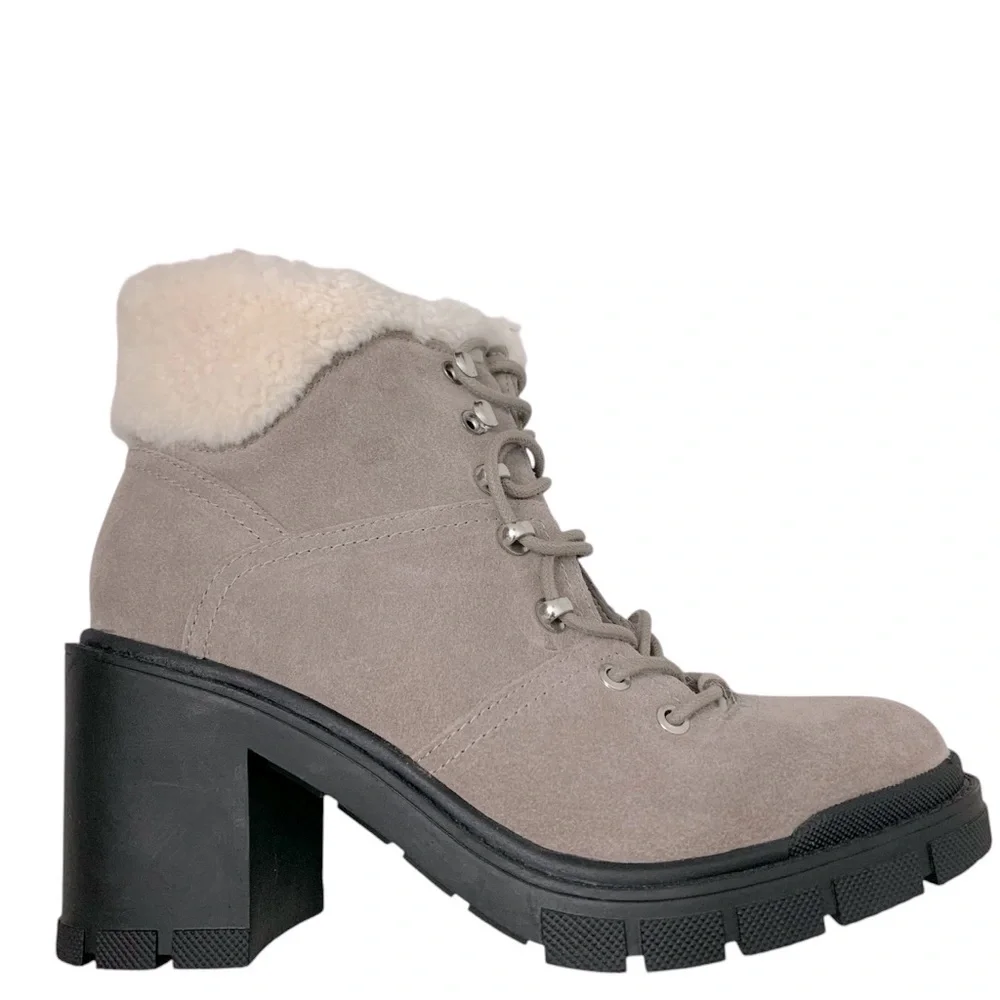 MARC FISHER LTD MIvacinta Gray Leather Shearling Heel Booties Size: 9 - Picture 3 of 7